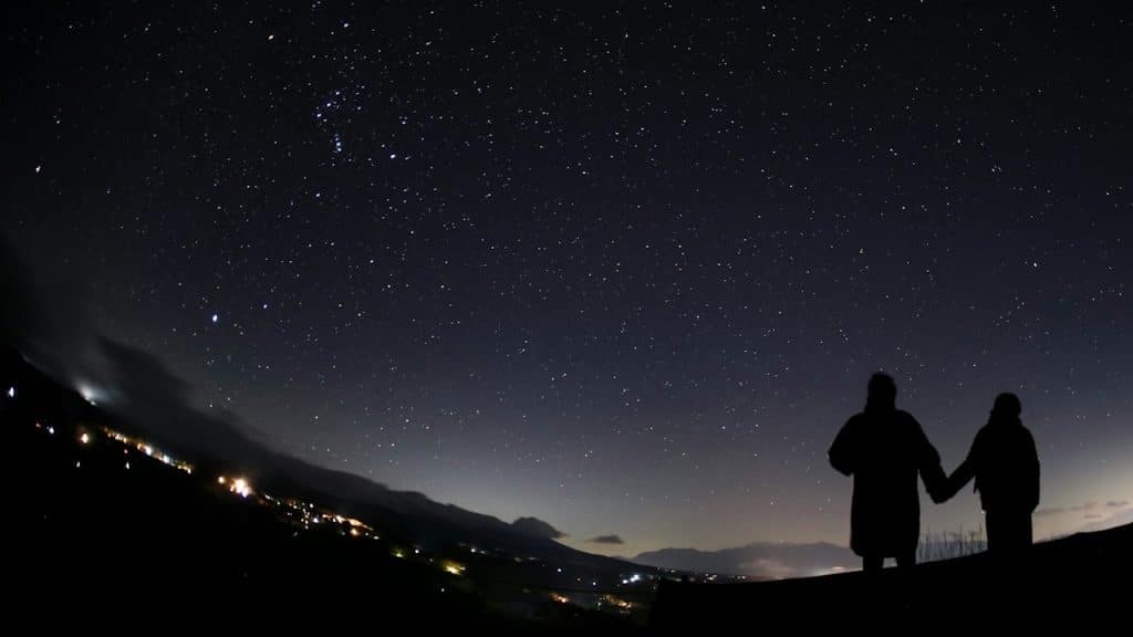 A couple stargazing at night.
