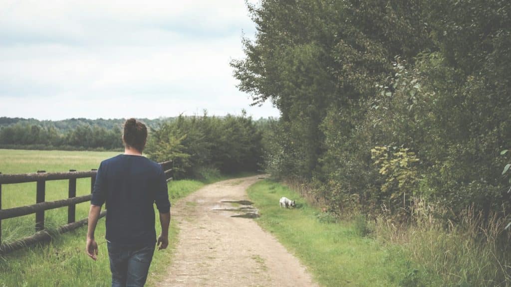 A man walking down a dirt road next to a lush green field.