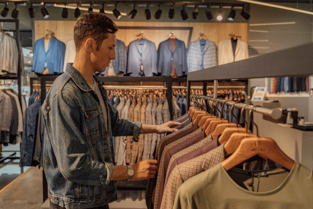 Man in Blue Denim Jacket Standing in Front of Man in White Dress Shirt