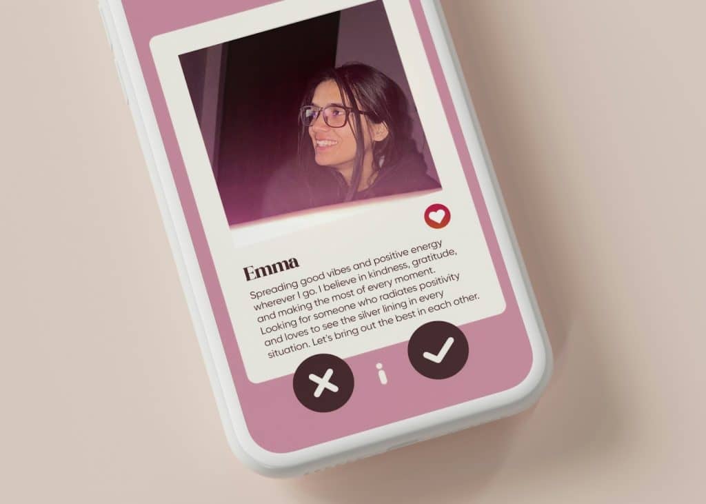 A dating profile on a dating app is displayed on the phone’s screen.