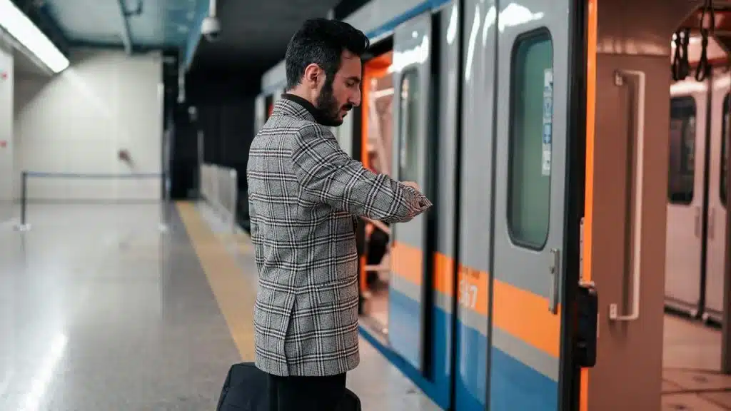 A man standing on a subway platform checking his watch.