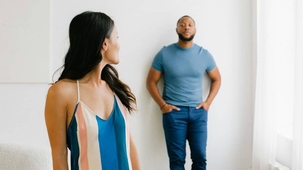 A woman looking back at her man.