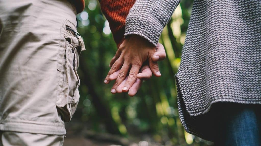 A couple holding hands while walking in a forest.