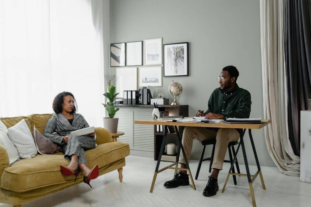 A man and woman talking