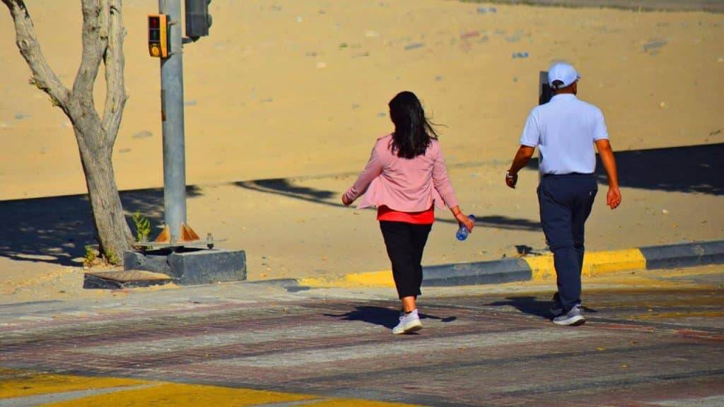 A woman in a pink jacket and a man in a white shirt and cap walk away from the camera on a crosswalk.