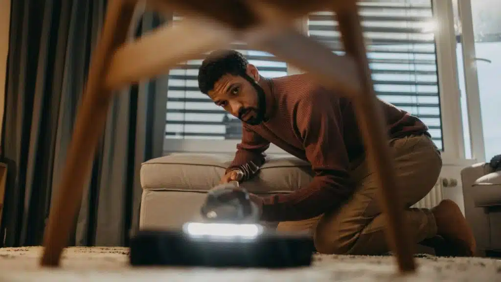 Man on his knees, seen through a chair, using a handheld vacuum on a rug.