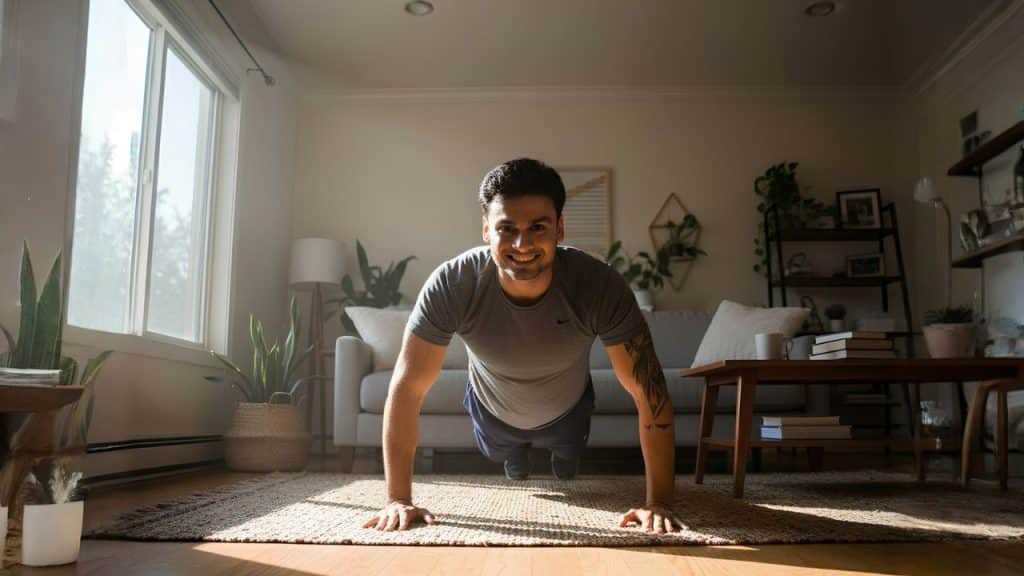 Smiling man with tattoos doing a push-up on a rug in a bright, sunlit living room.