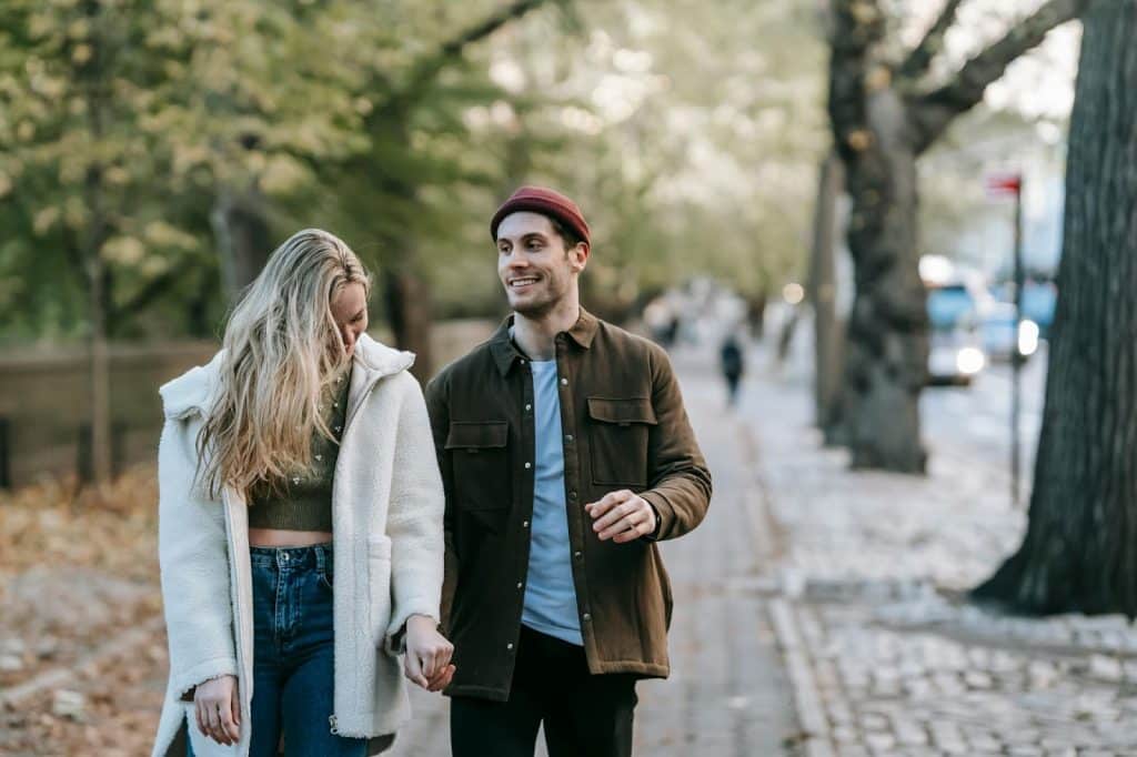 A man and woman walking
