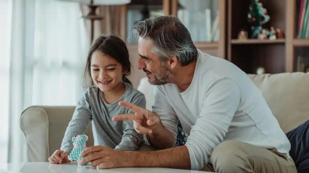 A father sitting on a couch smiling and playing with his daughter at a table.