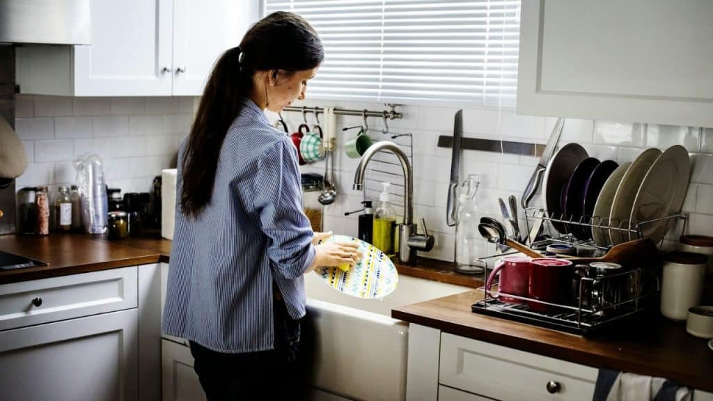 A woman with a ponytail, wearing a striped shirt, is standing in a brightly lit kitchen washing a plate in the sink.