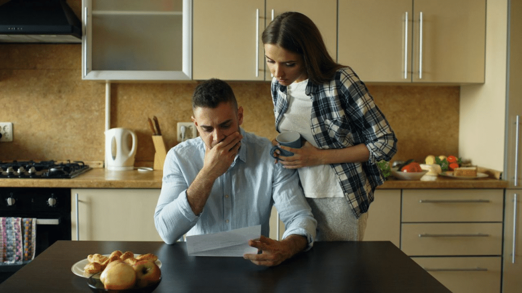 A concerned couple in the kitchen looks over a distressing document together.