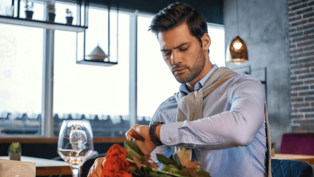 A well-dressed, anxious man checks his watch while waiting at a restaurant table with flowers.