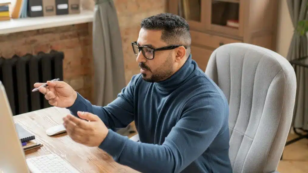 Man in a blue turtleneck and glasses sits at a desk, looking at a monitor.