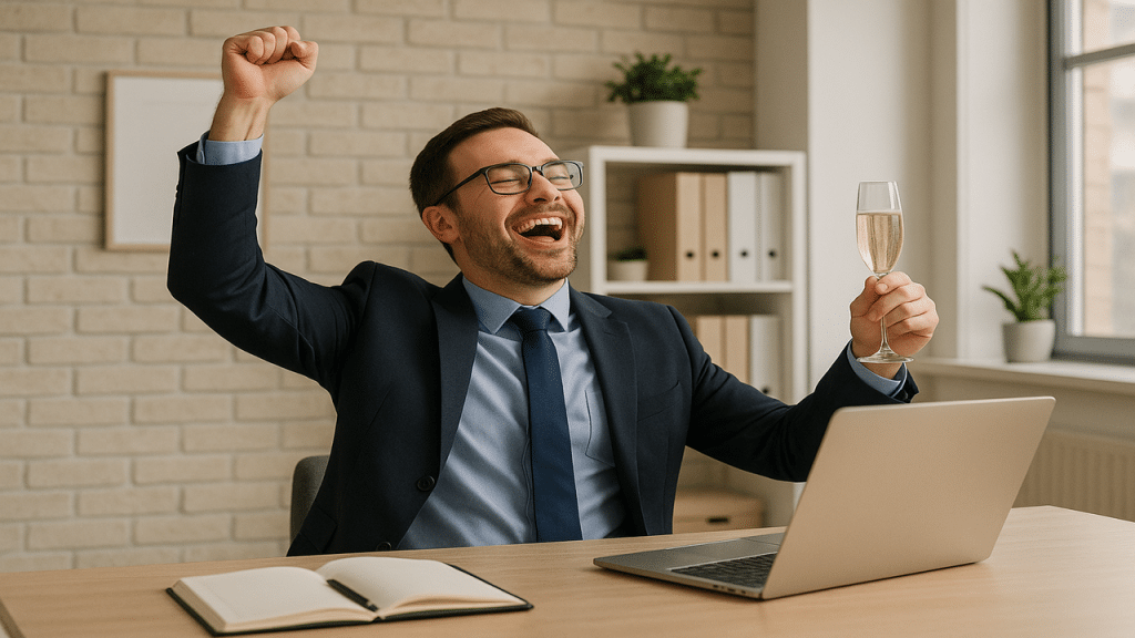 A man celebrating his work promotion by himself
