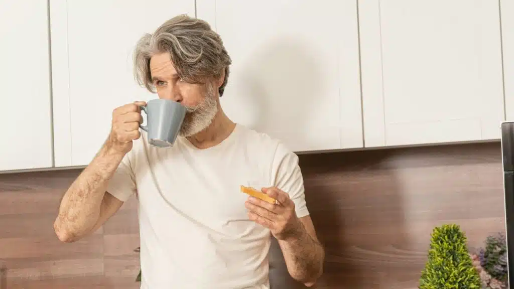 Man with gray hair and a beard drinking from a mug in a modern kitchen.
