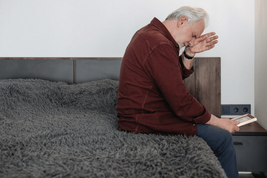 An Elderly Man Crying while Holding a Picture Frame