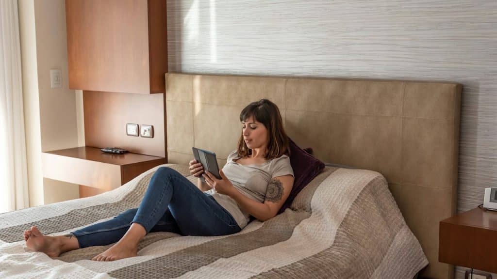 A woman lying on a bed using a tablet.