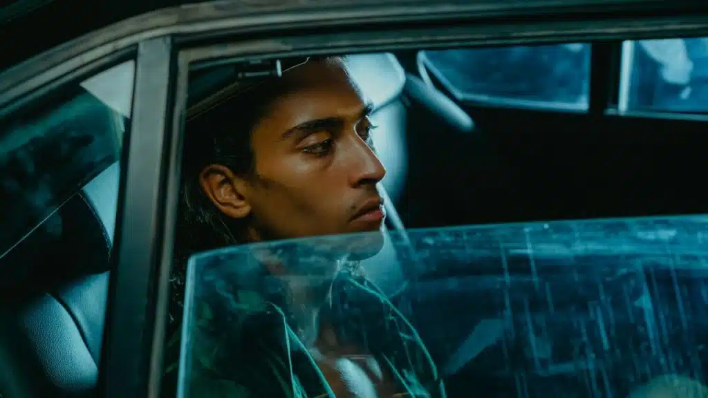A person with long dark hair sits in a car looking out the window, illuminated by blue light.
