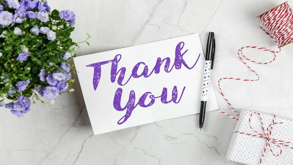 A handwritten note saying “thank you” 