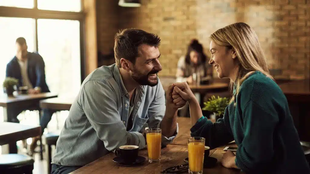 A couple on a date in a cafe.