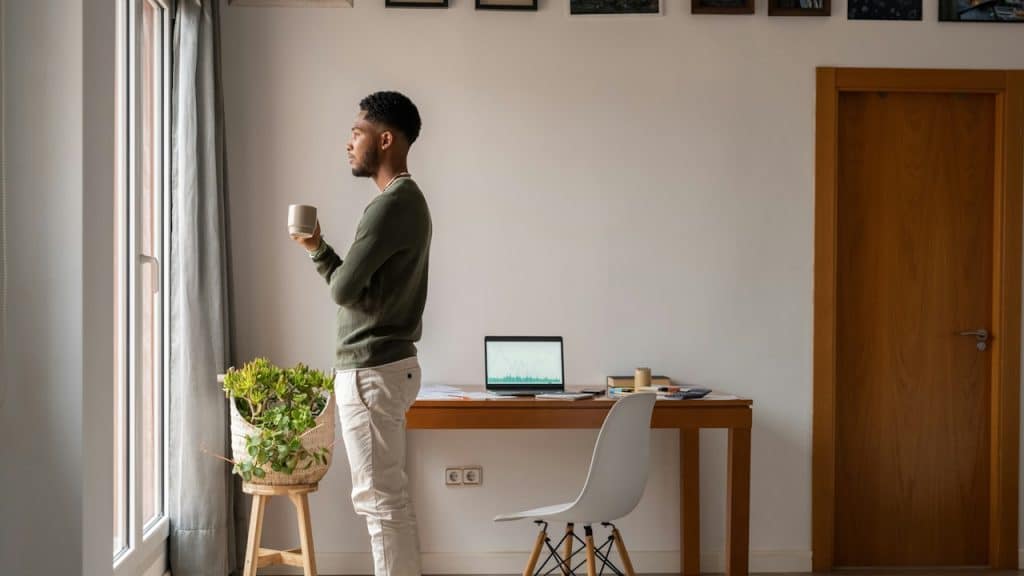 A young Black man looking outside a window and holding a coffee mug, with a home office desk and laptop in the background.