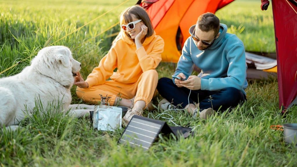 A man and woman sit with a dog at a campsite while traveling in nature.