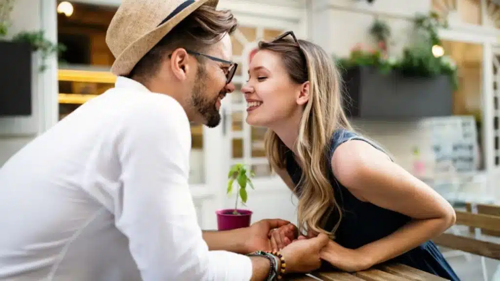 Couple smiling warmly while holding hands