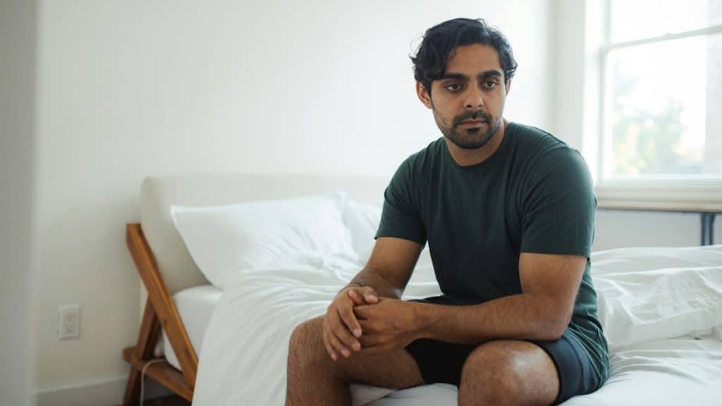 Man with a beard sitting on a bed, looking seriously toward the right side of the frame.