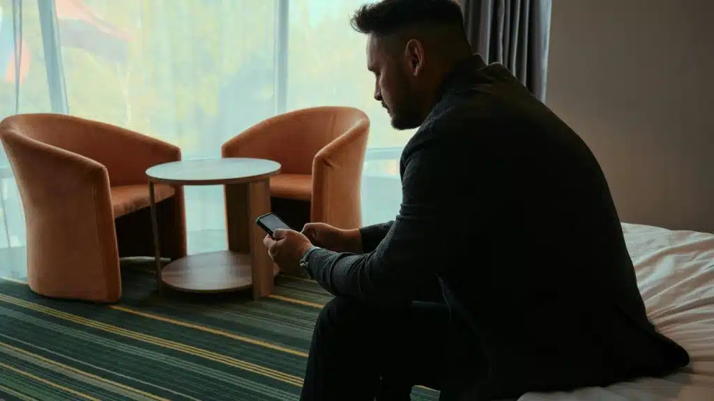 A man in a dark suit sitting on a bed and looking at his phone in a hotel room.