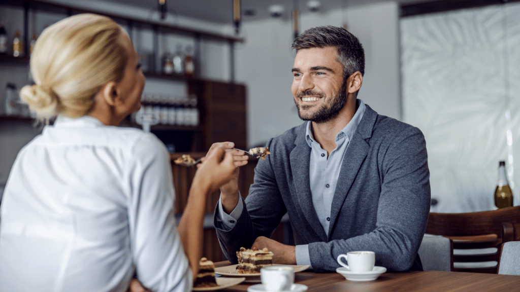A couple talking at a restaurant