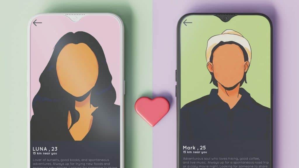 Profiles of a woman and a man on two cellphones.