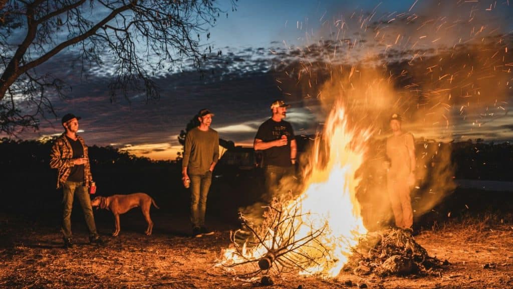 Four people and a dog gathered around a large, bright bonfire at dusk outdoors.