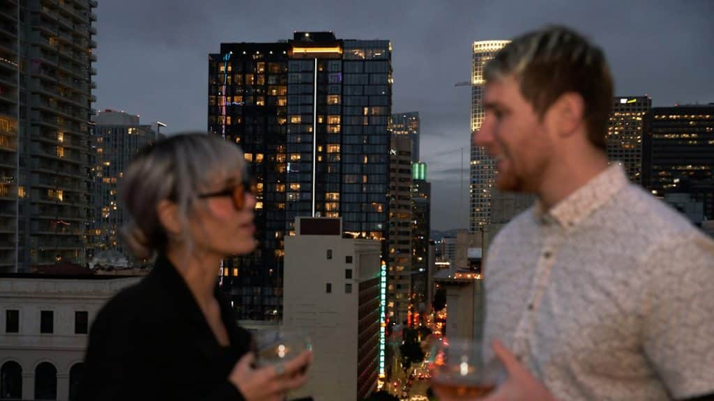 A man and a woman standing on the top of a roof.