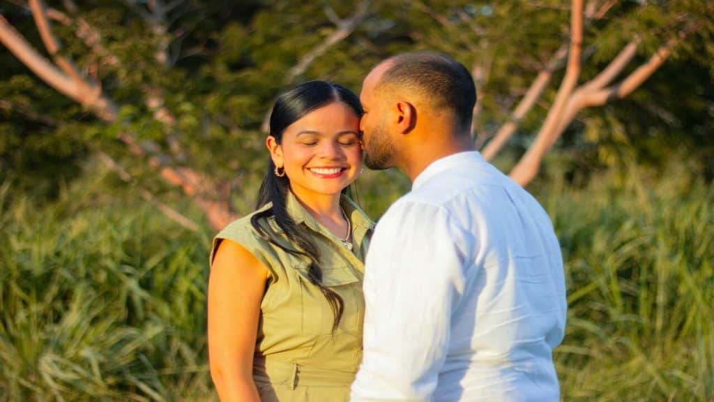 A couple embracing outdoors