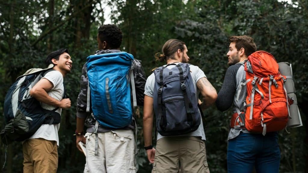 A diverse group of four men with large backpacks are hiking in a forest.