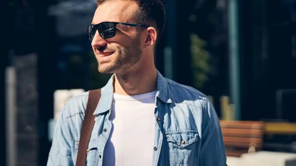 Man smiling confidently while walking outdoors