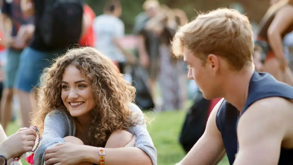 A young woman with curly hair is smiling brightly while talking to a young man outdoors.