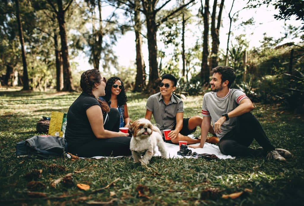 The friends are sitting on a white man on the grass.