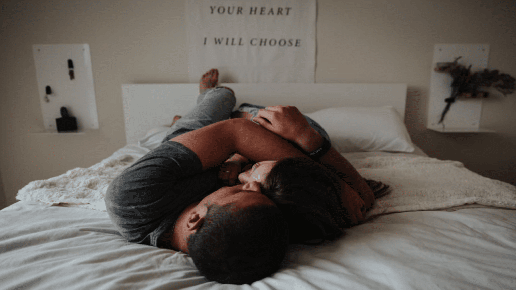 A couple cuddling at home