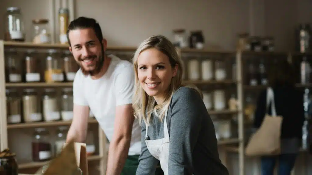 Two cheerful shop assistants standing in a zero-waste shop looking at the camera.