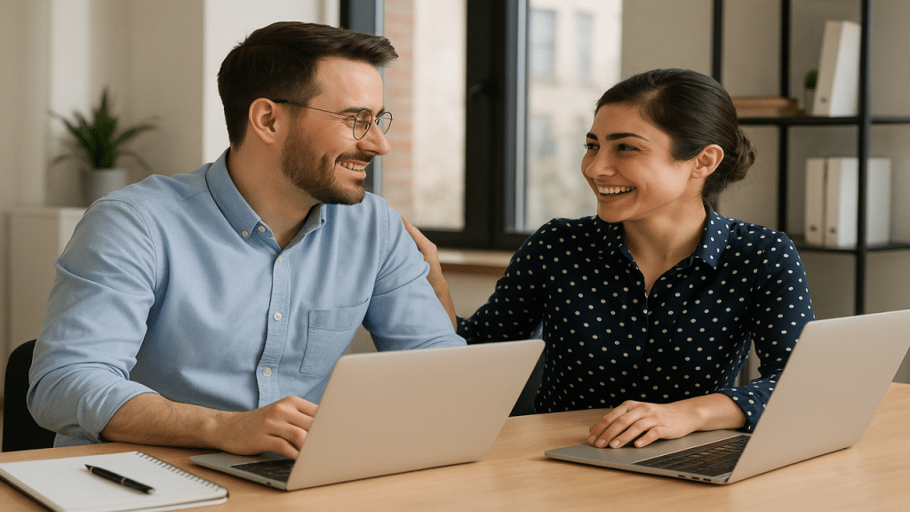 A female colleague touching her co-worker’s arm in a friendly way