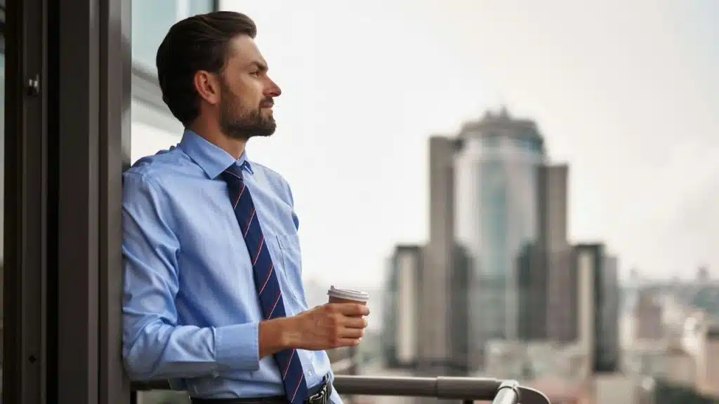 A handsome man in a blue dress shirt and tie stands on a balcony, holding a coffee cup, looking at the city skyline.