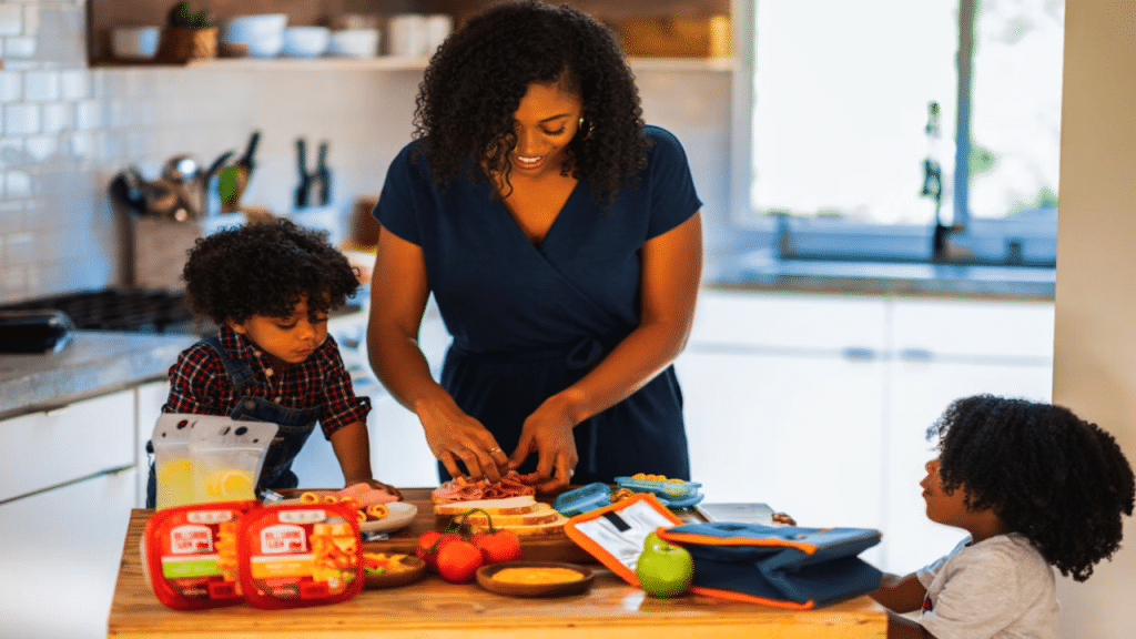 A mom preparing her kids’ lunchboxes