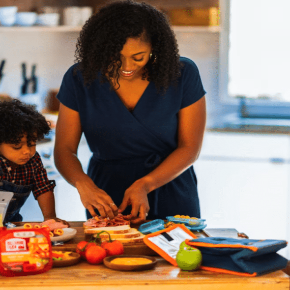 A mom preparing her kids’ lunchboxes