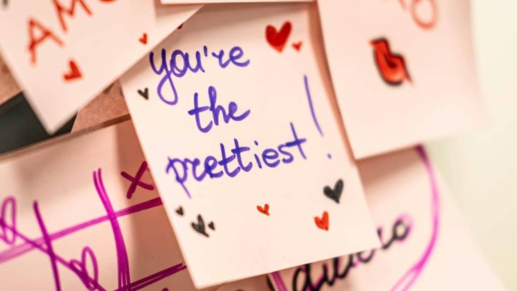 Close-up of several pink sticky notes with handwritten words like "You're the prettiest!"
