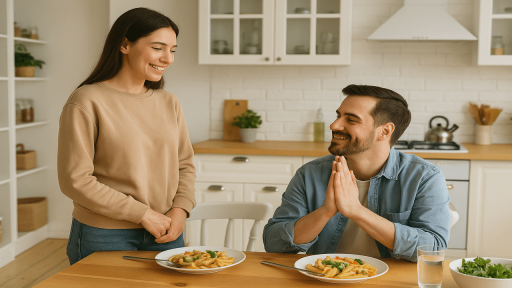 A man thanking his girlfriend for cooking lunch