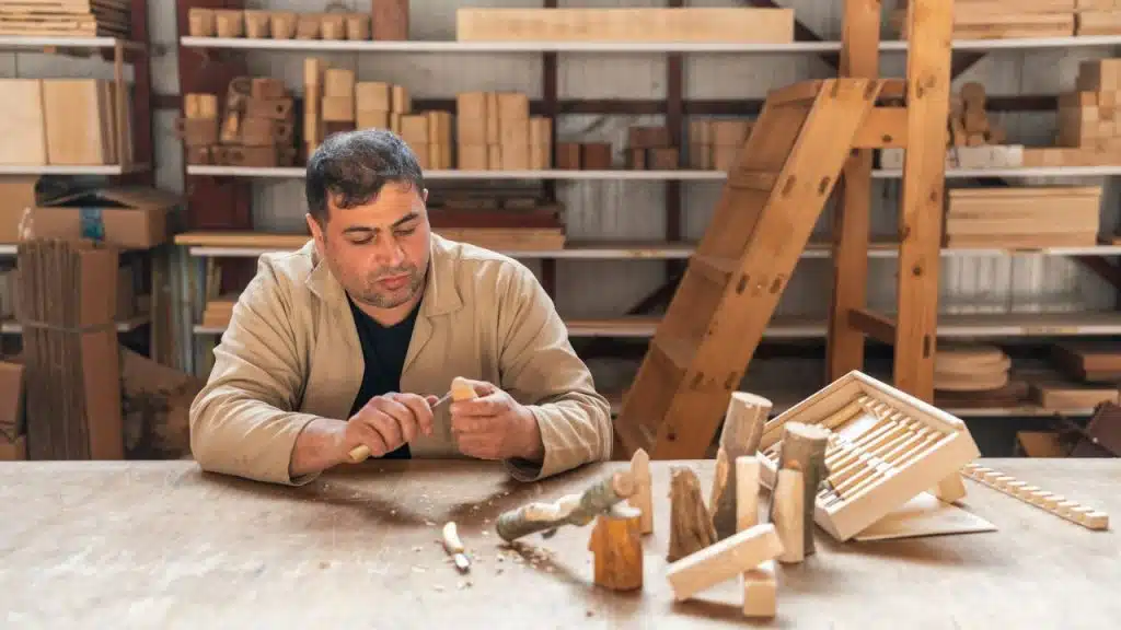 A craftsman in a workshop carving a small piece of wood with a knife at a workbench.