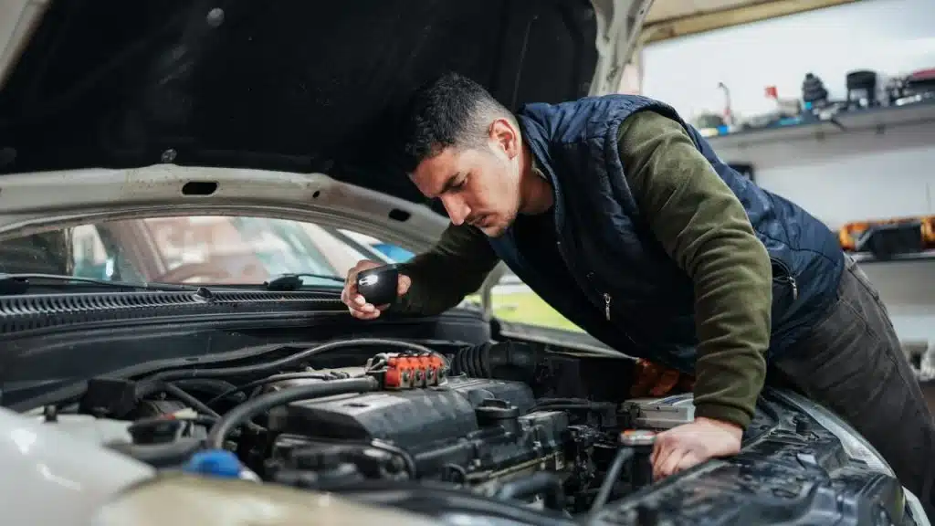 A man uses a flashlight to inspect the engine of a car with the hood open.