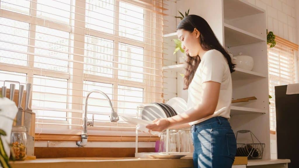 A woman with long dark hair is standing at a kitchen sink, washing a plate in bright sunlight.