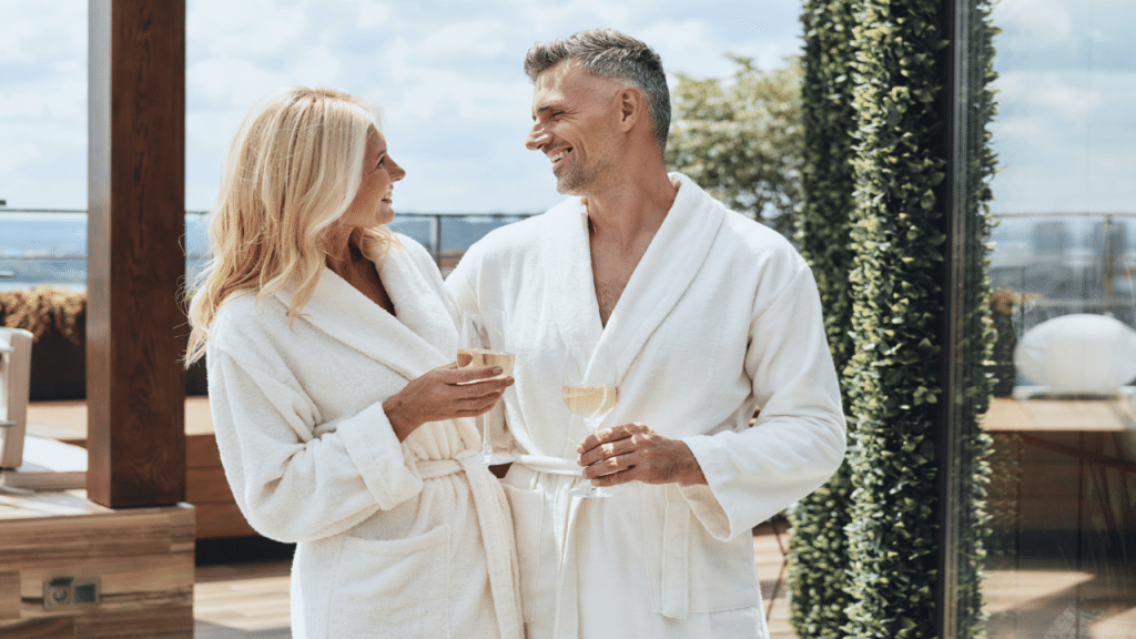 A beautiful mature couple wearing bathrobes